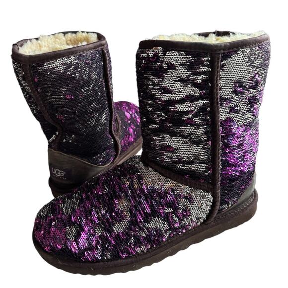 UGG Classic Short Purple Silver Sparkle Flip Sequin Boots Sherling Sherpa 6 - Picture 8 of 11